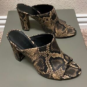 VINCE Snake Print Mules in Black and Tan